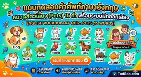 แบบทดสอบคำศัพท์ภาษาอังกฤษ หมวดสัตว์เลี้ยง (Pets) 15 คำ พร้อมระบบฝึกออกเสียง