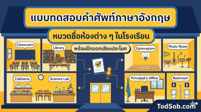 แบบทดสอบคำศัพท์ภาษาอังกฤษ หมวดชื่อห้องต่าง ๆ ในโรงเรียน (Rooms in a School) 15 คำ พร้อมฝึกออกเสียง