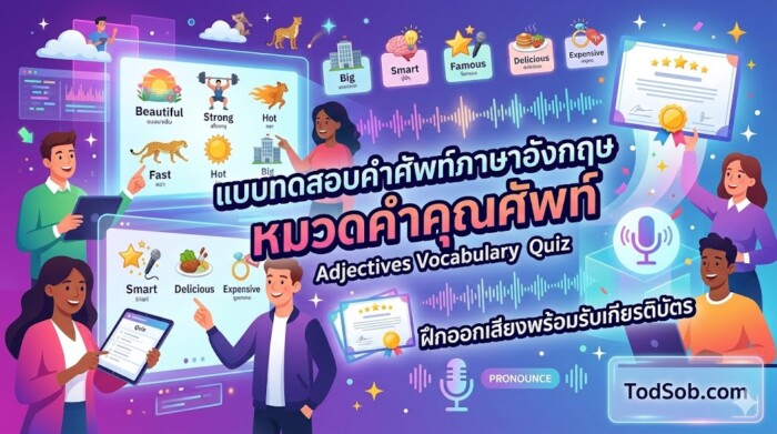 แบบทดสอบคำศัพท์ภาษาอังกฤษ หมวดคำคุณศัพท์ (Adjectives) ฝึกออกเสียงพร้อมรับเกียรติบัตร