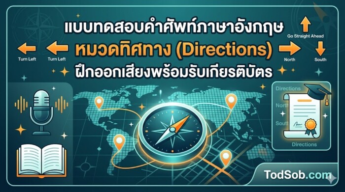 แบบทดสอบคำศัพท์ภาษาอังกฤษ หมวดทิศทาง (Directions) ฝึกออกเสียงพร้อมรับเกียรติบัตร