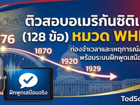 ติวสอบอเมริกันซิติเซ่น (128 ข้อ) หมวด WHEN: ท่องจำเวลาและเหตุการณ์สำคัญ พร้อมระบบฝึกพูดเสมือนจริง