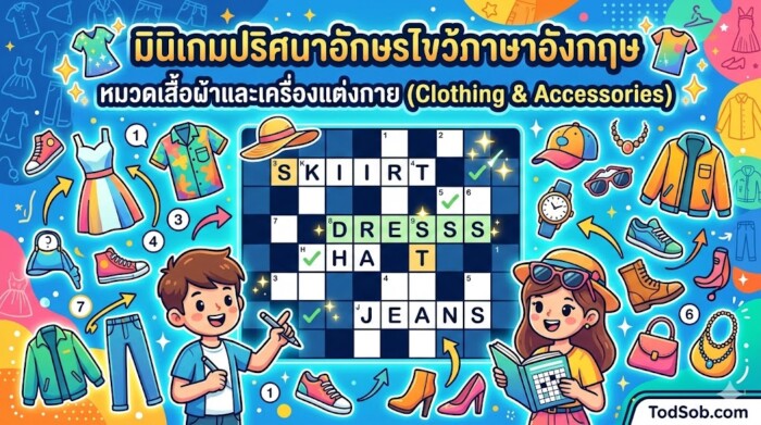 มินิเกมปริศนาอักษรไขว้ภาษาอังกฤษ หมวดเสื้อผ้าและเครื่องแต่งกาย (Clothing & Accessories)