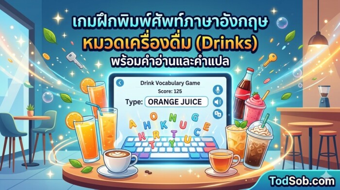 เกมฝึกพิมพ์ศัพท์ภาษาอังกฤษ หมวดเครื่องดื่ม (Drinks) พร้อมคำอ่านและคำแปล