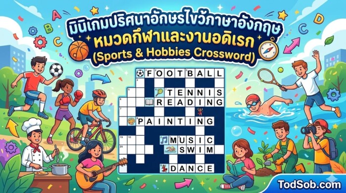 มินิเกมปริศนาอักษรไขว้ภาษาอังกฤษ หมวดกีฬาและงานอดิเรก (Sports & Hobbies Crossword)