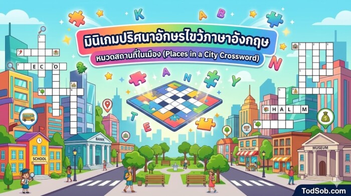 มินิเกมปริศนาอักษรไขว้ภาษาอังกฤษ หมวดสถานที่ในเมือง (Places in a City Crossword)