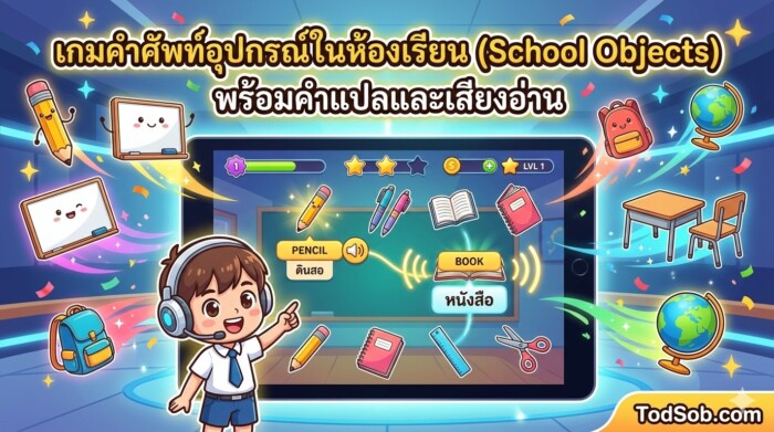 เกมคำศัพท์อุปกรณ์ในห้องเรียน (School Objects) พร้อมคำแปลและเสียงอ่าน