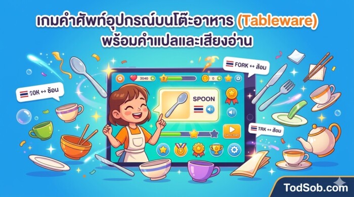 เกมคำศัพท์อุปกรณ์บนโต๊ะอาหาร (Tableware) พร้อมคำแปลและเสียงอ่าน