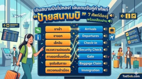 เดินสนามบินไม่หลง! เล่นเกมจับคู่คำศัพท์ "ป้ายสนามบิน" 7 ศัพท์ต้องรู้ พร้อมเสียงอ่าน