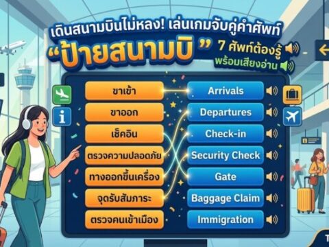 เดินสนามบินไม่หลง! เล่นเกมจับคู่คำศัพท์ "ป้ายสนามบิน" 7 ศัพท์ต้องรู้ พร้อมเสียงอ่าน