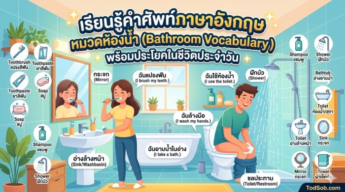 เรียนรู้คำศัพท์ภาษาอังกฤษ หมวดห้องน้ำ (Bathroom Vocabulary) พร้อมประโยคในชีวิตประจำวัน