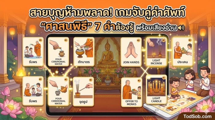 สายบุญห้ามพลาด! เกมจับคู่คำศัพท์ "ศาสนพิธี" 7 คำต้องรู้ พร้อมเสียงอ่าน