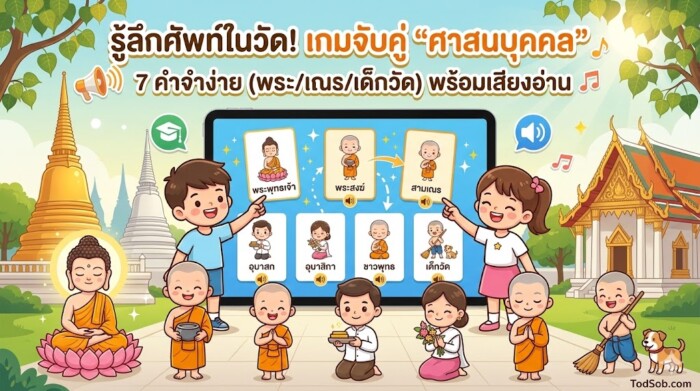 รู้ลึกศัพท์ในวัด! เกมจับคู่ "ศาสนบุคคล" 7 คำจำง่าย (พระ/เณร/เด็กวัด) พร้อมเสียงอ่าน