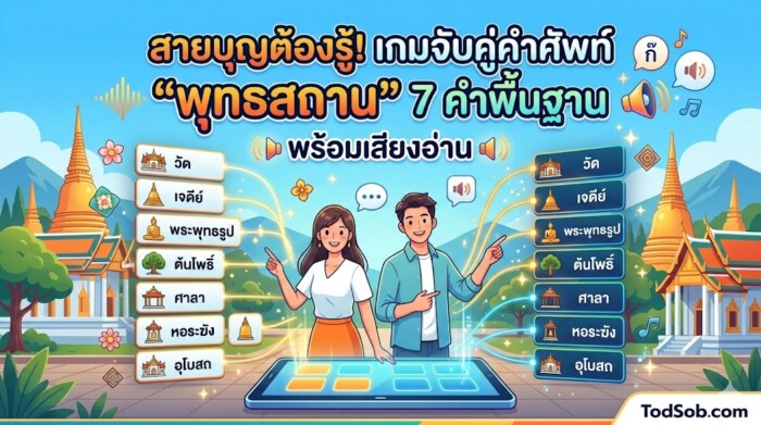 สายบุญต้องรู้! เกมจับคู่คำศัพท์ "พุทธสถาน" 7 คำพื้นฐาน พร้อมเสียงอ่าน