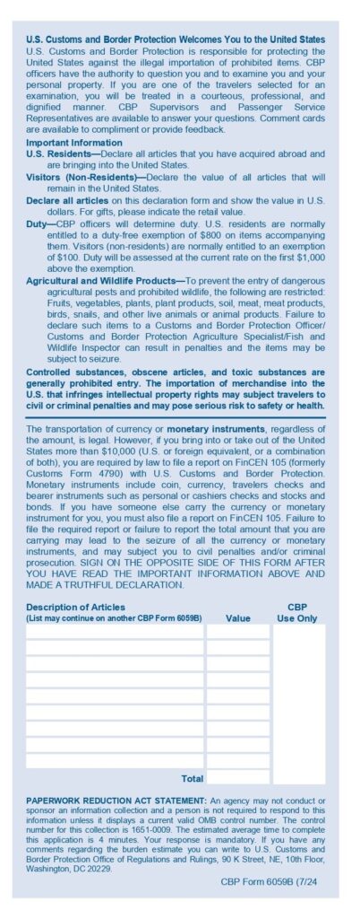 ใบสำแดงศุลกากรอเมริกา (CBP Form 6059B) (ด้านหลัง)