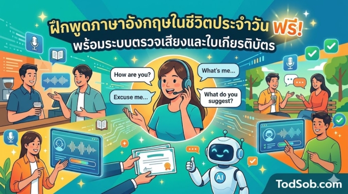 ฝึกพูดภาษาอังกฤษในชีวิตประจำวัน ฟรี! พร้อมระบบตรวจเสียงและใบเกียรติบัตร