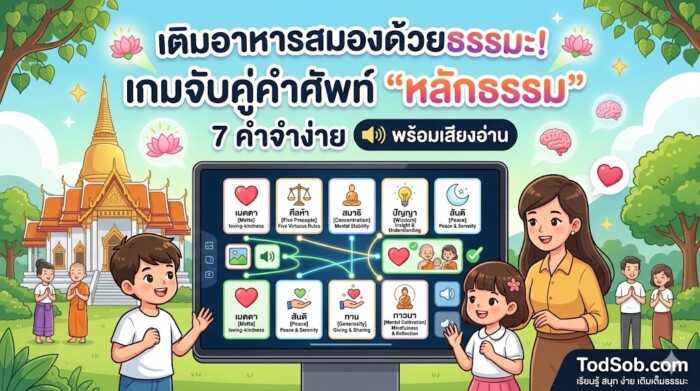 เติมอาหารสมองด้วยธรรมะ! เกมจับคู่คำศัพท์ "หลักธรรม" 7 คำจำง่าย พร้อมเสียงอ่าน