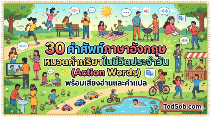 30 คำศัพท์ภาษาอังกฤษ หมวดคำกริยาในชีวิตประจำวัน (Action Words) พร้อมเสียงอ่านและคำแปล