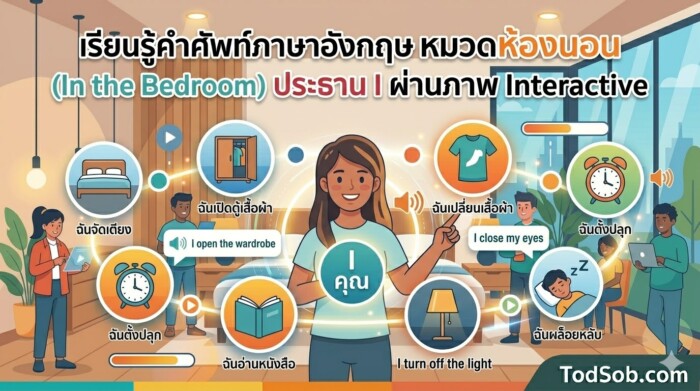 เรียนรู้คำศัพท์ภาษาอังกฤษ หมวดห้องนอน (In the Bedroom) ประธาน I ผ่านภาพ Interactive