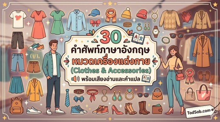 30 คำศัพท์ภาษาอังกฤษ หมวดเครื่องแต่งกาย (Clothes & Accessories) พร้อมเสียงอ่านและคำแปล