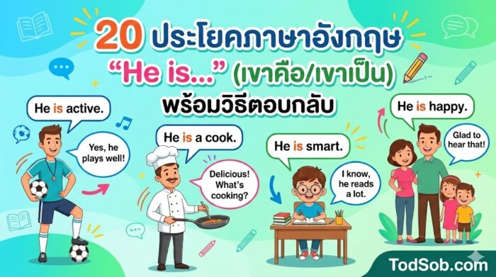 20 ประโยคภาษาอังกฤษ "He is…" (เขาคือ/เขาเป็น) พร้อมวิธีตอบกลับ พร้อมเสียงอ่าน วนฟังกี่ครั้งก็ได้