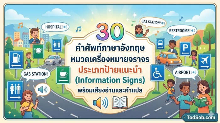 30 คำศัพท์ภาษาอังกฤษ หมวดเครื่องหมายจราจร ประเภทป้ายแนะนำ (Information Signs) พร้อมเสียงอ่านและคำแปล