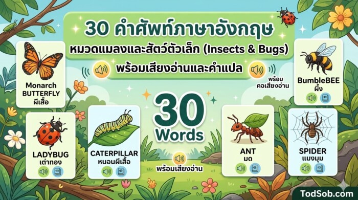 30 คำศัพท์ภาษาอังกฤษ หมวดแมลงและสัตว์ตัวเล็ก (Insects & Bugs) พร้อมเสียงอ่านและคำแปล