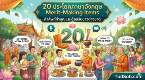 20 ประโยคภาษาอังกฤษ Merit-Making Items คำศัพท์ทำบุญและต้อนรับชาวต่างชาติ