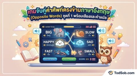 เกมจับคู่คำศัพท์ตรงข้ามภาษาอังกฤษ (Opposite Words) ชุดที่ 1 พร้อมเสียงและคำแปล