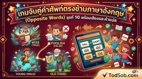 เกมจับคู่คำศัพท์ตรงข้ามภาษาอังกฤษ (Opposite Words) ชุดที่ 10 พร้อมเสียงและคำแปล