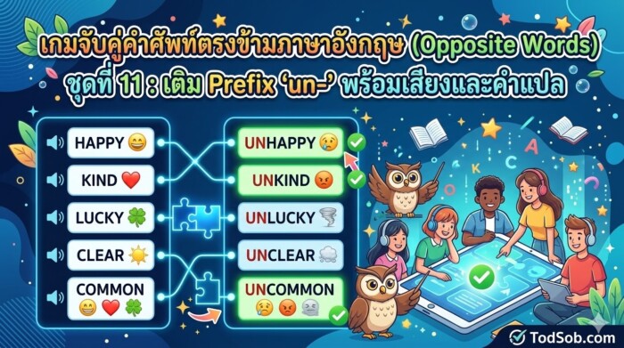 เกมจับคู่คำศัพท์ตรงข้ามภาษาอังกฤษ (Opposite Words) ชุดที่ 11: เติม Prefix "un-" พร้อมเสียงและคำแปล
