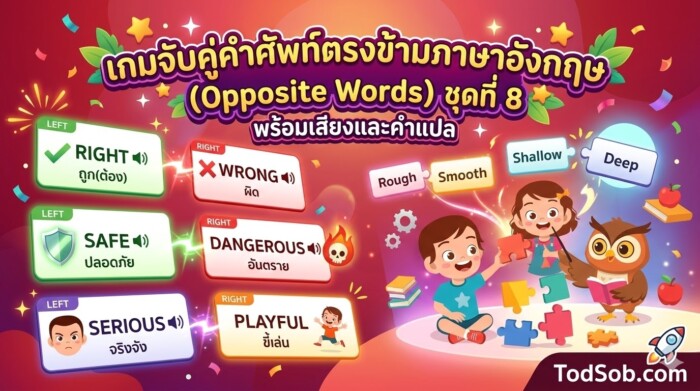 เกมจับคู่คำศัพท์ตรงข้ามภาษาอังกฤษ (Opposite Words) ชุดที่ 8 พร้อมเสียงและคำแปล