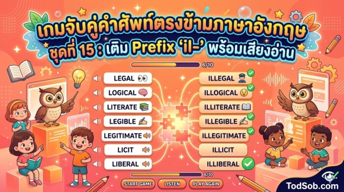 เกมจับคู่คำศัพท์ตรงข้ามภาษาอังกฤษ ชุดที่ 15: เติม Prefix "il-" พร้อมเสียงอ่าน
