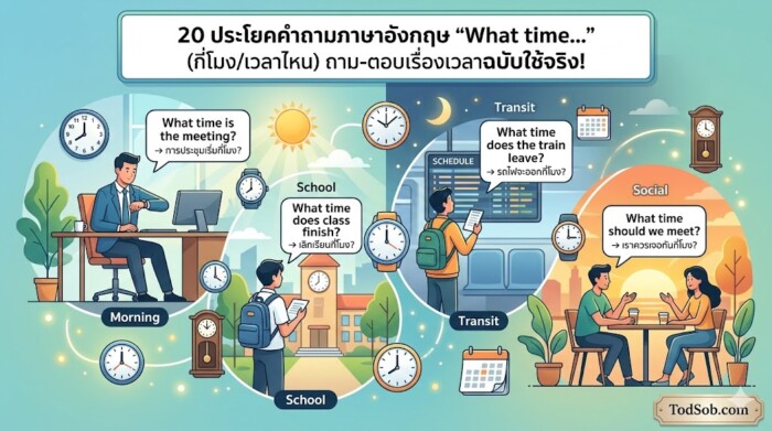 20 ประโยคคำถามภาษาอังกฤษ "What time…" (กี่โมง/เวลาไหน) ถาม-ตอบเรื่องเวลาฉบับใช้จริง!