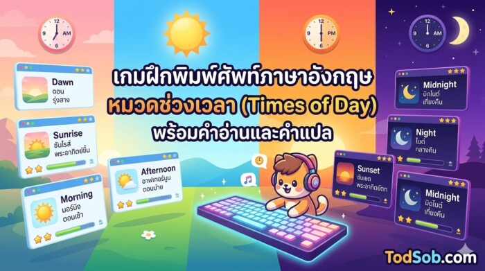 เกมฝึกพิมพ์ศัพท์ภาษาอังกฤษ หมวดช่วงเวลา (Times of Day) พร้อมคำอ่านและคำแปล