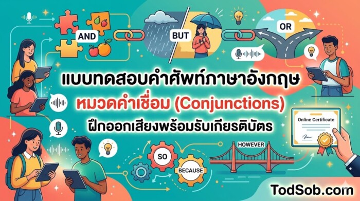 แบบทดสอบคำศัพท์ภาษาอังกฤษ หมวดคำเชื่อม (Conjunctions) ฝึกออกเสียงพร้อมรับเกียรติบัตร