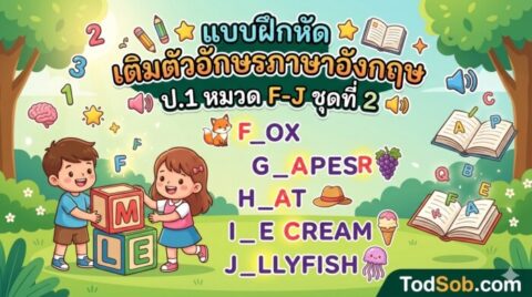 แบบฝึกหัด เติมตัวอักษรภาษาอังกฤษ ป.1 หมวด F-J ชุดที่ 2