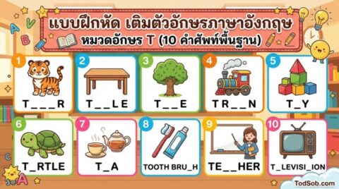 แบบฝึกหัด เติมตัวอักษรภาษาอังกฤษ หมวดอักษร T (10 คำศัพท์พื้นฐาน)