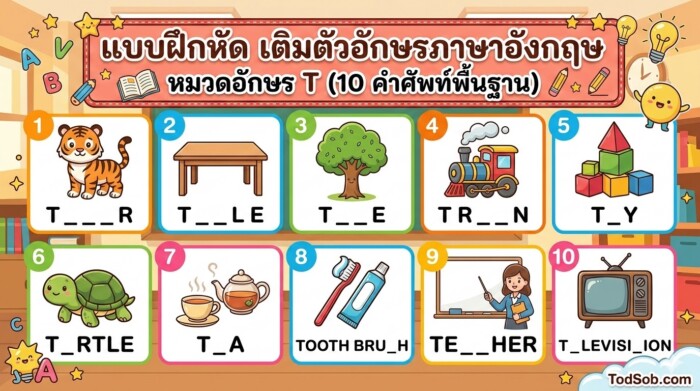 แบบฝึกหัด เติมตัวอักษรภาษาอังกฤษ หมวดอักษร T (10 คำศัพท์พื้นฐาน)