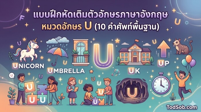 แบบฝึกหัดเติมตัวอักษรภาษาอังกฤษ หมวดอักษร U (10 คำศัพท์พื้นฐาน)