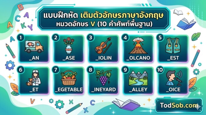 แบบฝึกหัด เติมตัวอักษรภาษาอังกฤษ หมวดอักษร V (10 คำศัพท์พื้นฐาน)