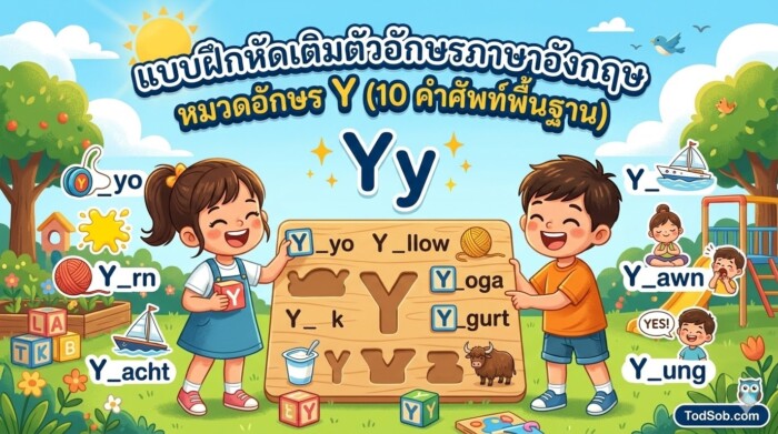 แบบฝึกหัดเติมตัวอักษรภาษาอังกฤษ หมวดอักษร Y (10 คำศัพท์พื้นฐาน)
