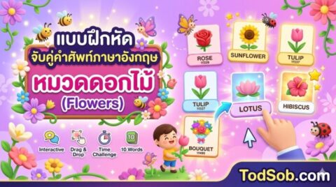 แบบฝึกหัด จับคู่คำศัพท์ภาษาอังกฤษ หมวดดอกไม้ (Flowers) พร้อมเฉย และเสียงประกอบ