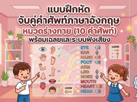 แบบฝึกหัด จับคู่คำศัพท์ภาษาอังกฤษ หมวดร่างกาย (10 คำศัพท์) พร้อมเฉลยและระบบฟังเสียง