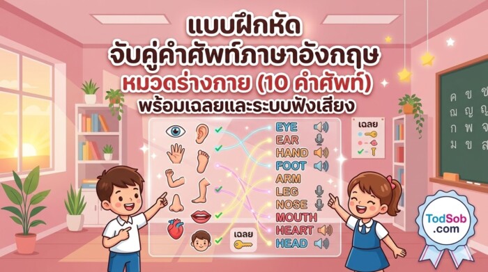 แบบฝึกหัด จับคู่คำศัพท์ภาษาอังกฤษ หมวดร่างกาย (10 คำศัพท์) พร้อมเฉลยและระบบฟังเสียง