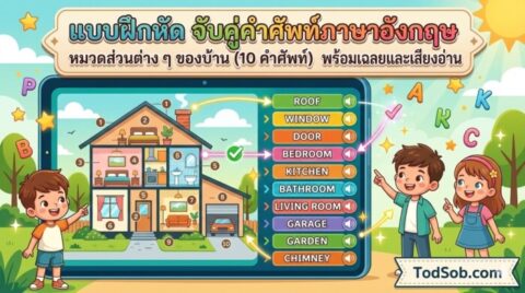 แบบฝึกหัด จับคู่คำศัพท์ภาษาอังกฤษ หมวดส่วนต่าง ๆ ของบ้าน (10 คำศัพท์) พร้อมเฉลยและเสียงอ่าน