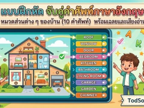 แบบฝึกหัด จับคู่คำศัพท์ภาษาอังกฤษ หมวดส่วนต่าง ๆ ของบ้าน (10 คำศัพท์) พร้อมเฉลยและเสียงอ่าน