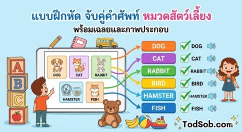 แบบฝึกหัด จับคู่คำศัพท์ภาษาอังกฤษ หมวดสัตว์เลี้ยง (10 คำศัพท์) พร้อมเฉลยและระบบฟังเสียง