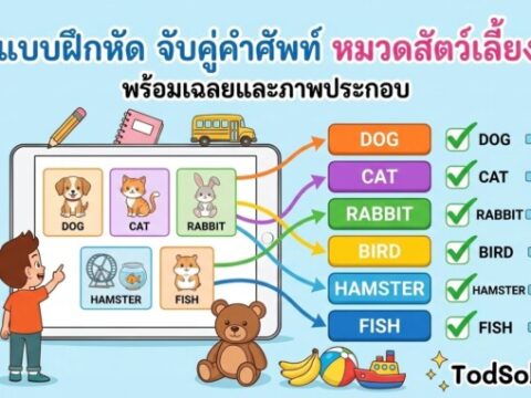 แบบฝึกหัด จับคู่คำศัพท์ภาษาอังกฤษ หมวดสัตว์เลี้ยง (10 คำศัพท์) พร้อมเฉลยและระบบฟังเสียง