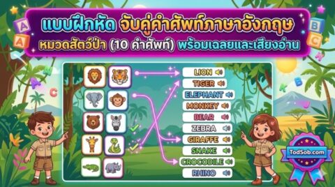 แบบฝึกหัด จับคู่คำศัพท์ภาษาอังกฤษ หมวดสัตว์ป่า (10 คำศัพท์) พร้อมเฉลยและเสียงอ่าน