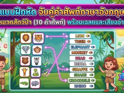 แบบฝึกหัด จับคู่คำศัพท์ภาษาอังกฤษ หมวดสัตว์ป่า (10 คำศัพท์) พร้อมเฉลยและเสียงอ่าน